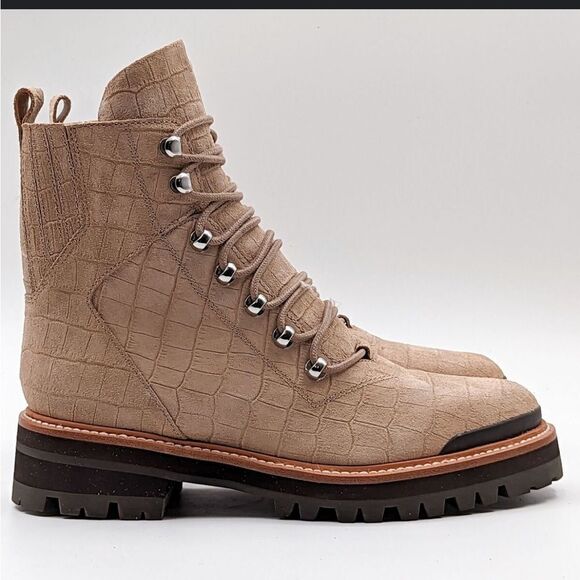 Marc Fisher Lizzie 2 Croc Lace Up Print Platform Combat Boots Tan 9.5 NWOB - Picture 2 of 13